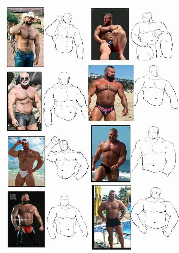 Men in various poses showcasing muscular physiques, with sketches of bodybuilder figures beside each photo.