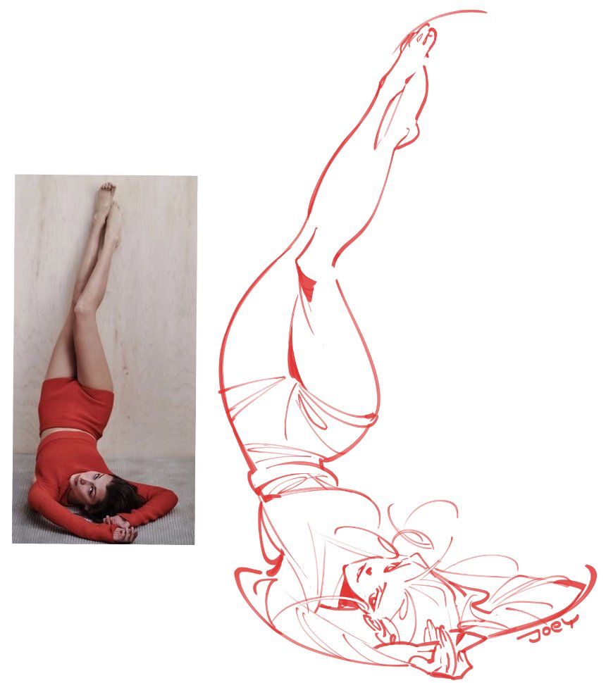 Person in red outfit poses with legs up; artistic red line drawing mimics the pose creatively.