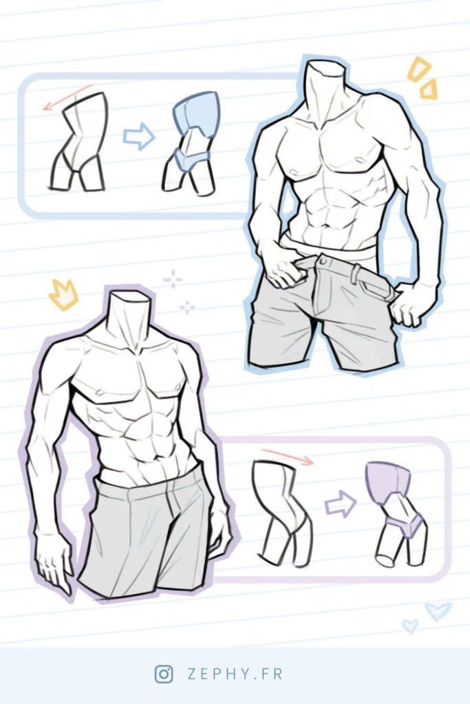Illustration of drawing techniques for muscular male torsos and legs, featuring detailed anatomy guides. Anatomy for Artists