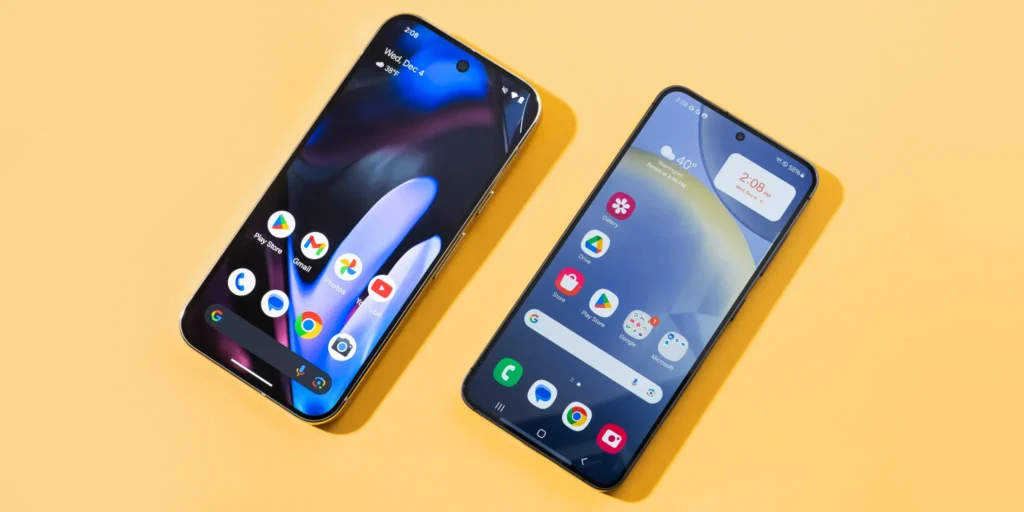 Two smartphones displayed against a yellow background showcasing their home screens and app icons.