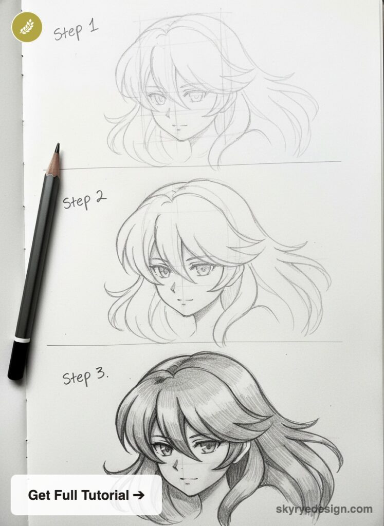 Anime drawing tutorial: three-step pencil sketches of a female head with flowing hair and a sketching pencil