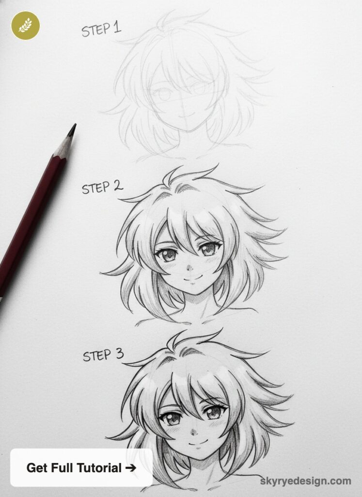 Pencil manga anime portrait hair tutorial showing step 1-3 progression from rough sketch to detailed shaded hairstyle.