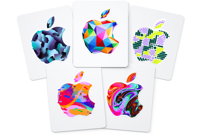 apple-gift-cards-business-landing-202207_FMT_WHH Colorful abstract Apple logos on five cards arranged in a visually appealing pattern. | Sky Rye Design Colorful abstract Apple logos on five cards arranged in a visually appealing pattern.