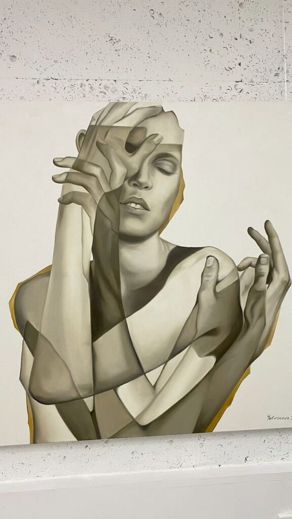 Abstract painting of a person with multiple hands and a neutral expression, blending realism with surrealism.