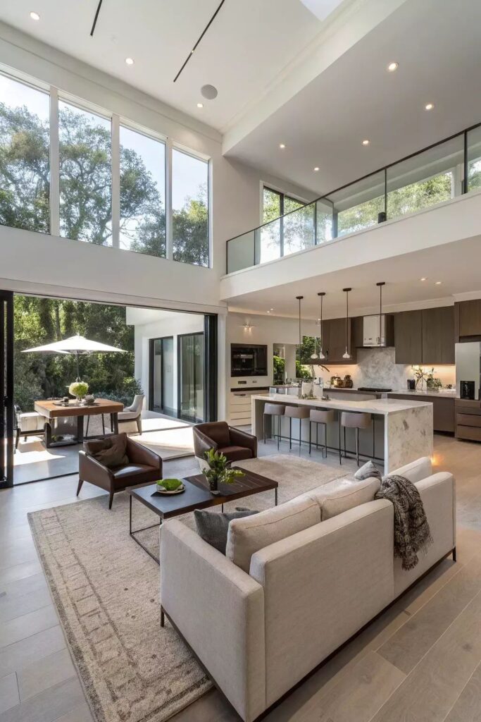 Modern open-concept living room and kitchen with high ceilings and large windows overlooking a patio and greenery.