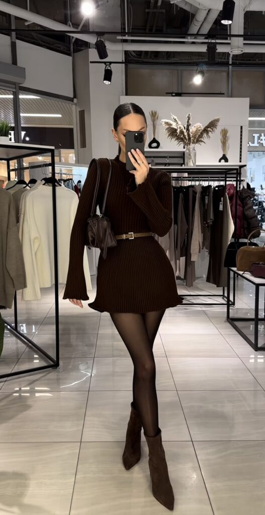 Woman in dark knit dress and boots taking mirror selfie in stylish clothing store setting.