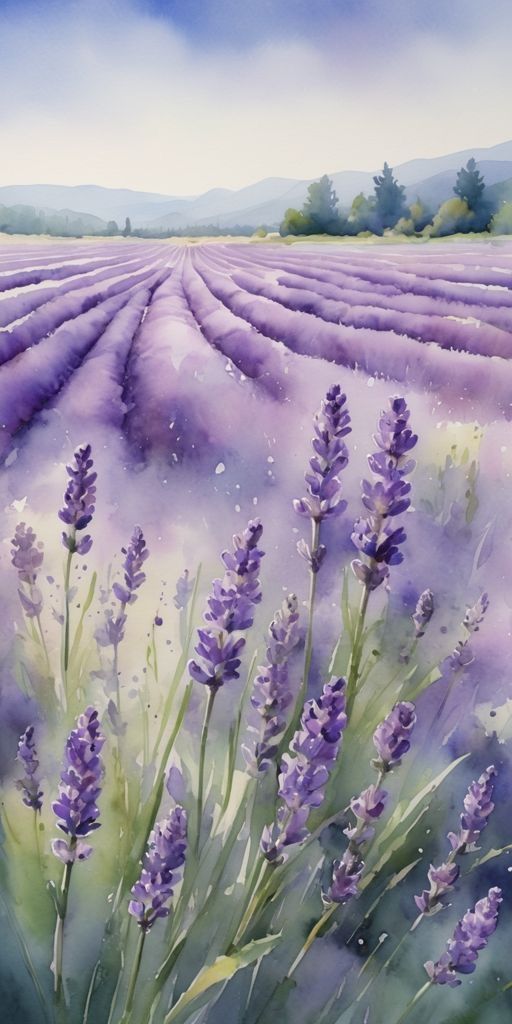 Illustration of a vibrant lavender field with blooming purple flowers under a clear sky and distant hills.