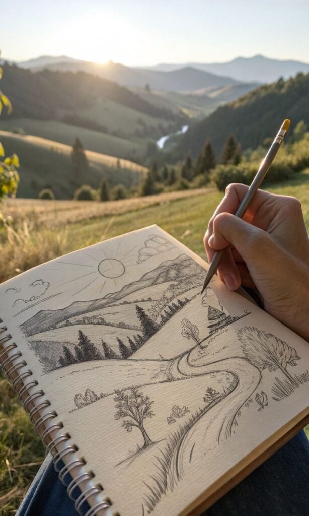 b2010d07-ca05-443a-a34e-7012162e2621 Sketching a scenic landscape view with mountains and trees in the background. | Sky Rye Design Sketching a scenic landscape view with mountains and trees in the background.