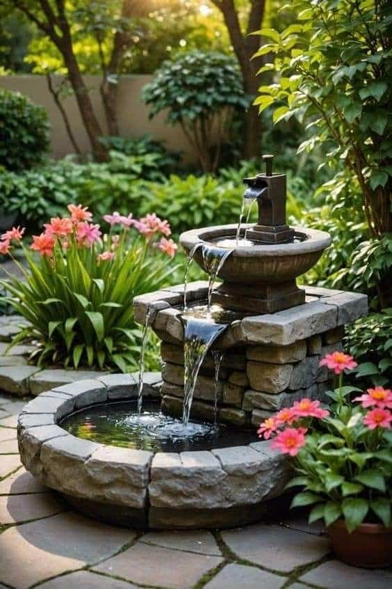 b210afa3-8e83-4d90-a5b1-4332adaadb02 Stone garden fountain with flowing water, surrounded by vibrant flowers and lush greenery in sunlight. | Sky Rye Design Stone garden fountain with flowing water, surrounded by vibrant flowers and lush greenery in sunlight.