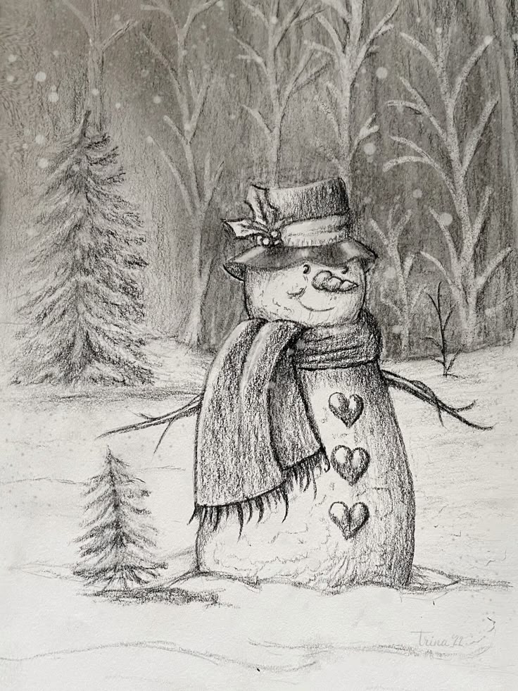 Charming pencil sketch of a snowman with a hat and scarf in a snowy forest setting, featuring heart decorations.