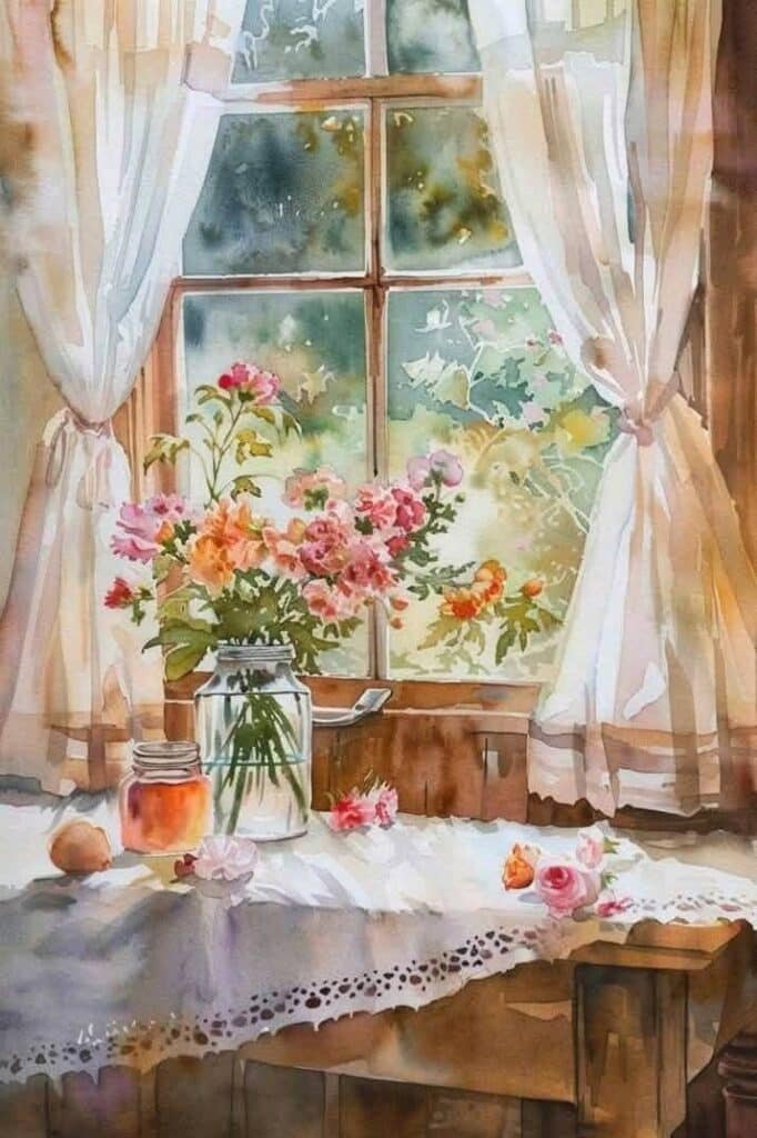 A vase of colorful flowers on a lace-draped table by a sunlit window with curtains.