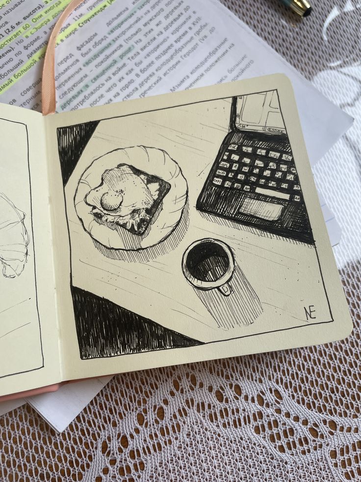 b416783c-f727-473a-b6e2-64d24e8c3649 Black and white sketch of a laptop, coffee, and pastry on a desk, with documents and a pen visible in the background. | Sky Rye Design Black and white sketch of a laptop, coffee, and pastry on a desk, with documents and a pen visible in the background.