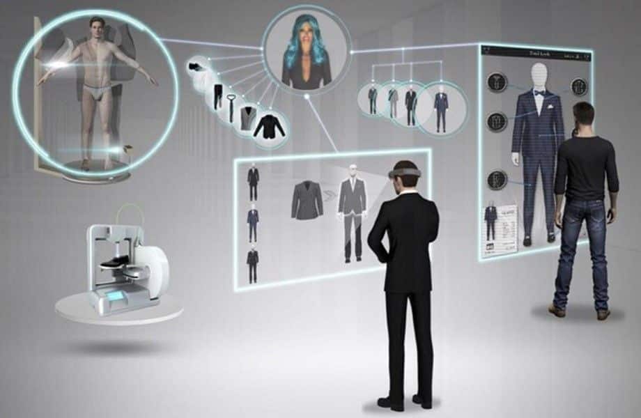 Virtual fashion fitting room with holographic displays and 3D printing technology.
