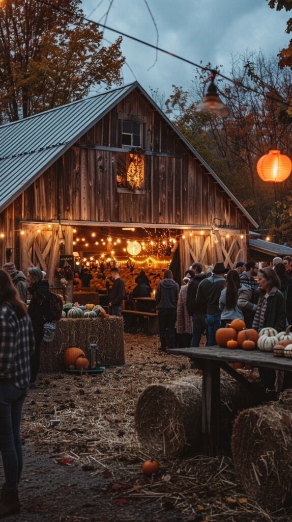 Rustic barn with autumn decorations, illuminated by string lights, as people gather for a cozy fall festival evening.