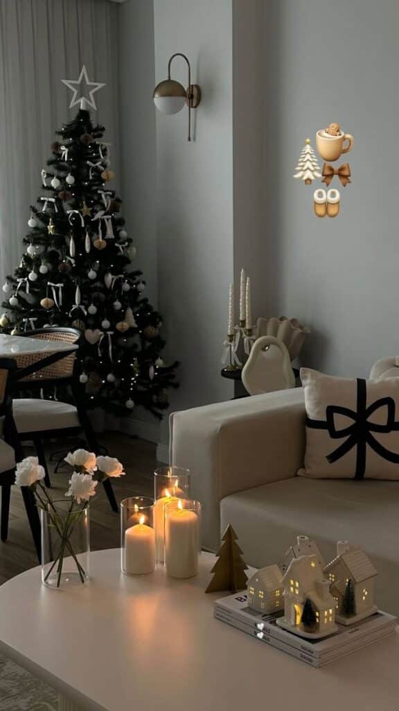b509172e-f82b-478e-979e-8ccb31de6563 Cozy living room with a decorated Christmas tree and glowing candles, perfect for a warm holiday atmosphere. | Sky Rye Design Cozy living room with a decorated Christmas tree and glowing candles, perfect for a warm holiday atmosphere.