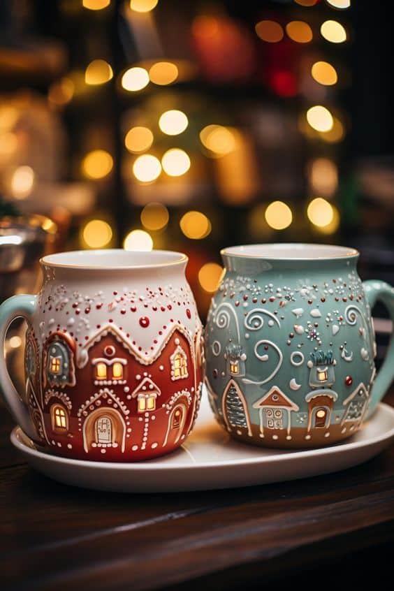 b5174ab7-d40c-42e8-89c9-20790933f725 Festive mugs with winter village designs on a tray, illuminated by warm, blurred background lights. | Sky Rye Design Festive mugs with winter village designs on a tray, illuminated by warm, blurred background lights.