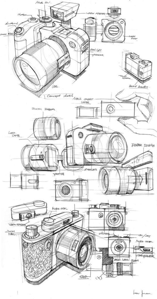 b5419d6a566e8bb4207ce50c71833df0 Detailed camera concept sketches featuring various angles and components. | Sky Rye Design Detailed camera concept sketches featuring various angles and components.
