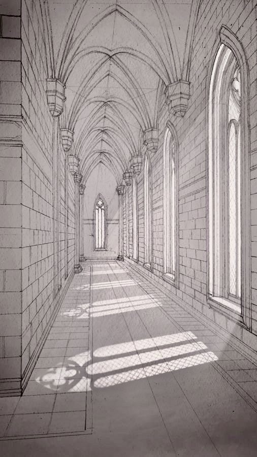 Gothic architecture corridor with vaulted ceilings and arched windows casting intricate shadows on the stone floor.
