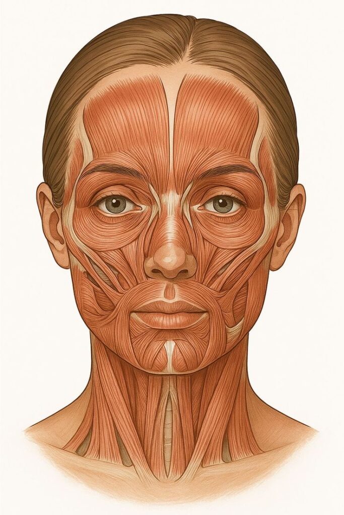 Illustrated anatomy of facial muscles showing detailed structure from front view.