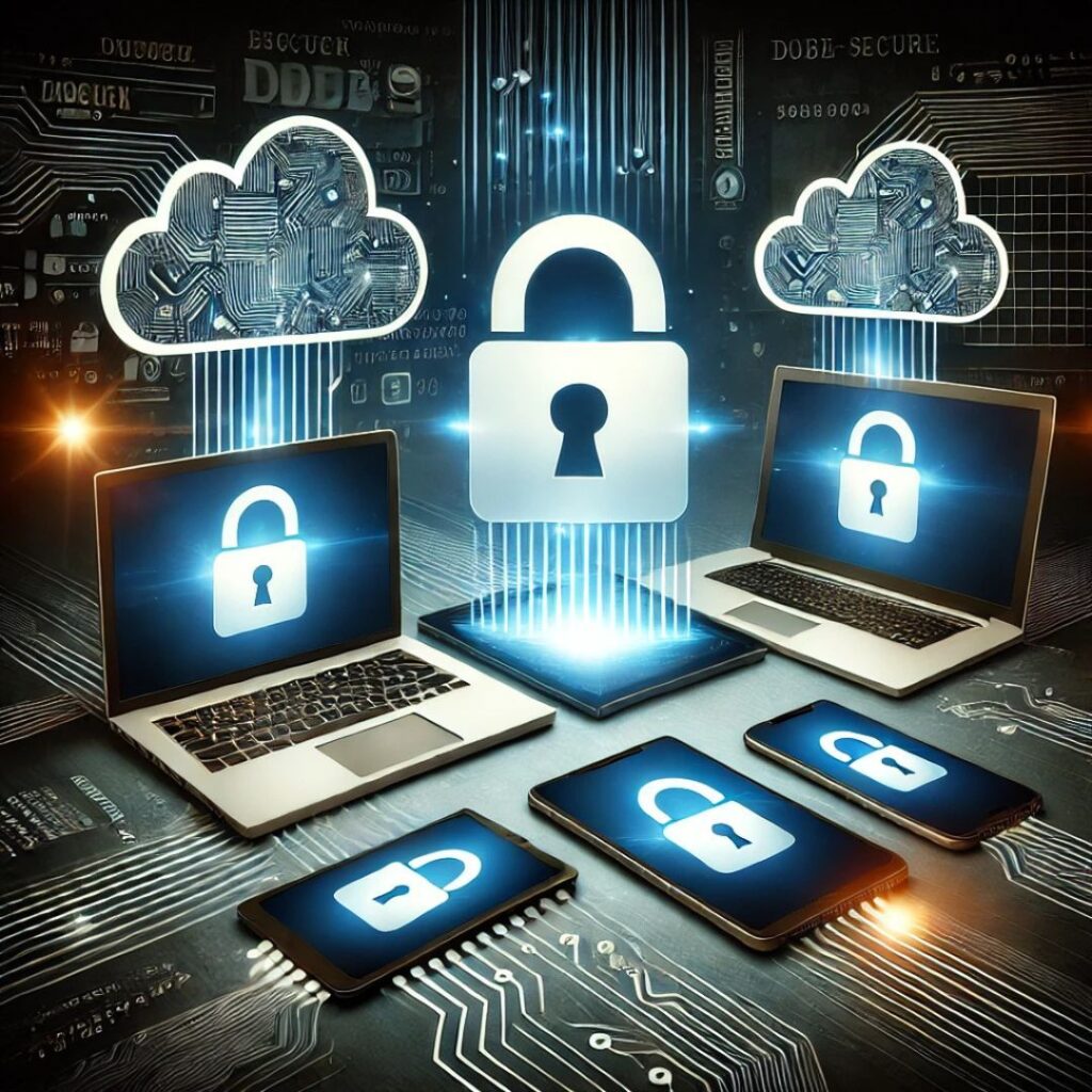 Digital security concept with cloud storage and devices protected by locks, emphasizing cybersecurity and data protection.