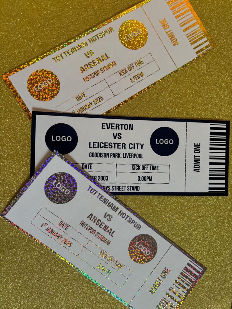 Soccer match tickets for Tottenham vs Arsenal and Everton vs Leicester on gold background.