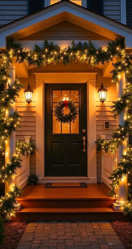 b79137eb-1ca0-4b8c-b937-24a601294e8e Illuminated porch with a Christmas wreath and garlands. Festive holiday door decor with warm glowing lights. | Sky Rye Design Illuminated porch with a Christmas wreath and garlands. Festive holiday door decor with warm glowing lights.