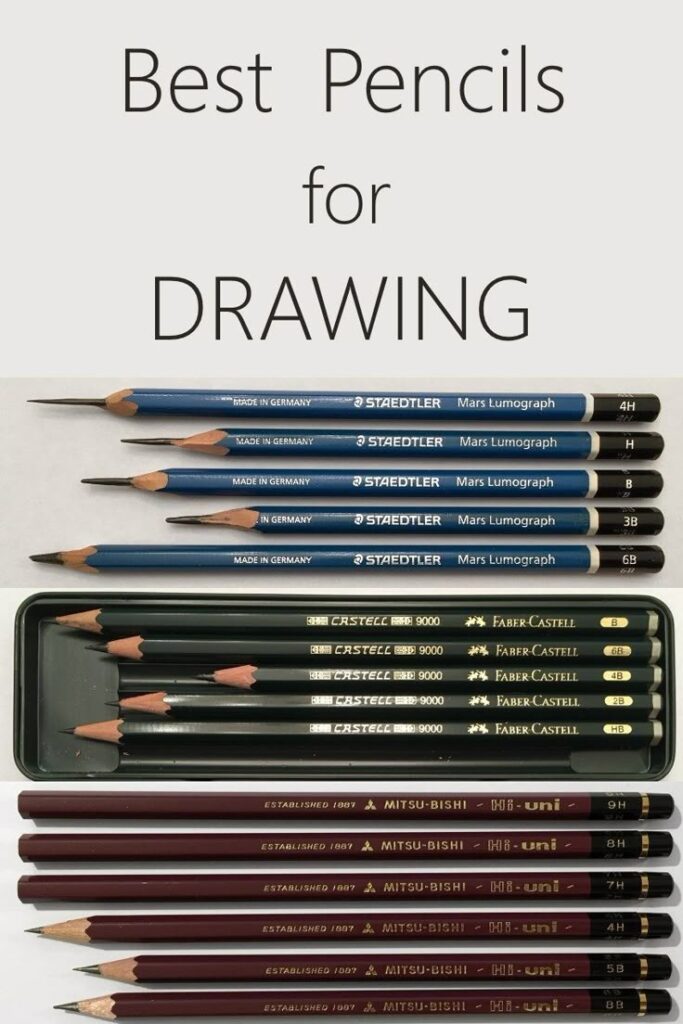 Various top drawing pencils including Staedtler, Faber-Castell, and Mitsubishi in different grades.