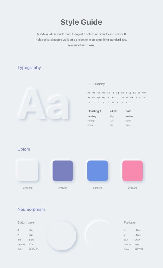 Style guide displaying typography, color palette, and neumorphism design elements for standardized project design.