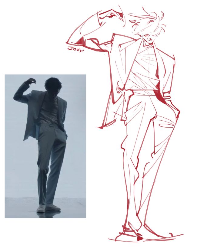 Stylish person in a suit, mirrored by a dynamic sketch illustration, exuding elegance and movement.