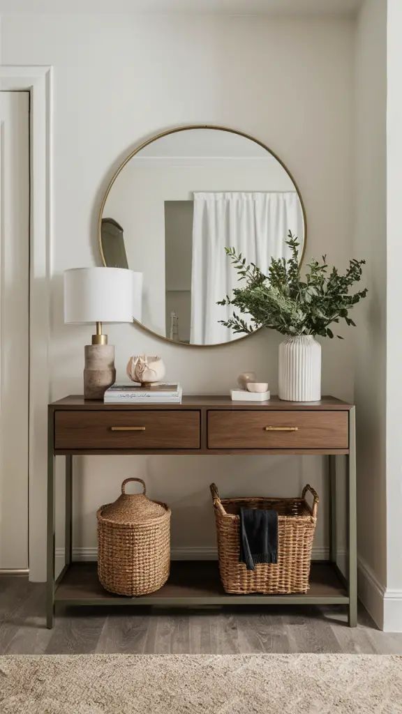 b96c090a846da9c5a08e43e96d3efa0b Stylish wooden console table with round mirror, lamp, and baskets for elegant hallway decor. | Sky Rye Design Stylish wooden console table with round mirror, lamp, and baskets for elegant hallway decor.