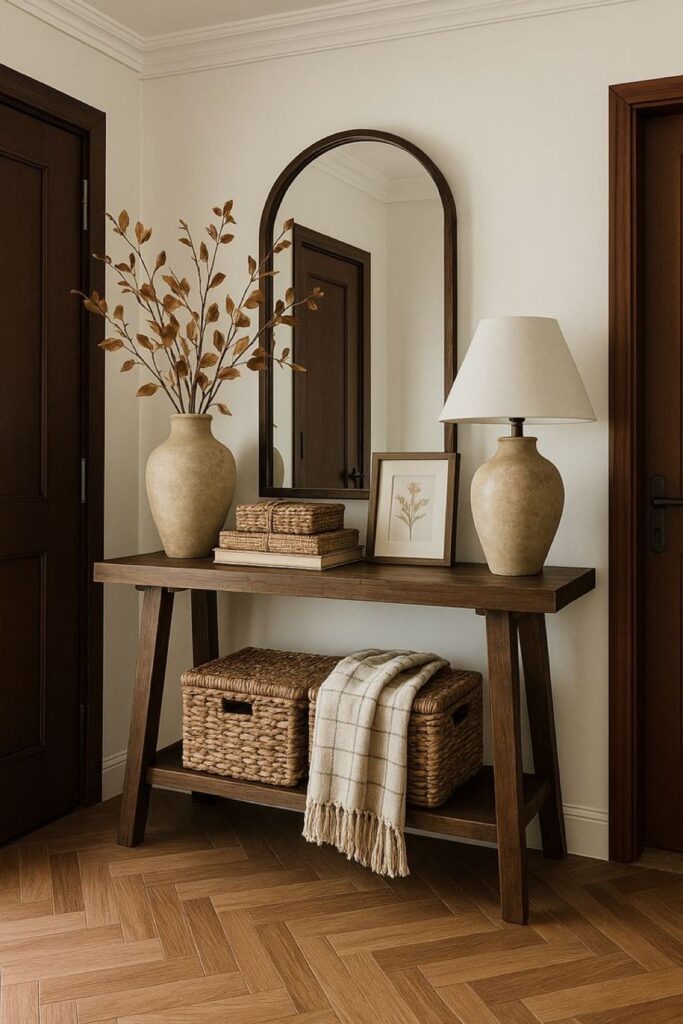 b97a9b9f46638aec449f385cde038e29 Elegant hallway decor with wooden table, large vase, wicker baskets, mirror, and lamp, creating a cozy and stylish look. | Sky Rye Design Elegant hallway decor with wooden table, large vase, wicker baskets, mirror, and lamp, creating a cozy and stylish look.