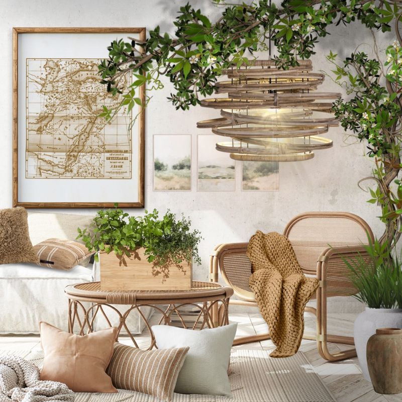 b9835a9f_99b2_4ec2_911c_82d3c1f675bc_800w_ad601709be Cozy living room with rattan furniture, lush greenery, rustic decor, and a vintage map on the wall. | Sky Rye Design Cozy living room with rattan furniture, lush greenery, rustic decor, and a vintage map on the wall.