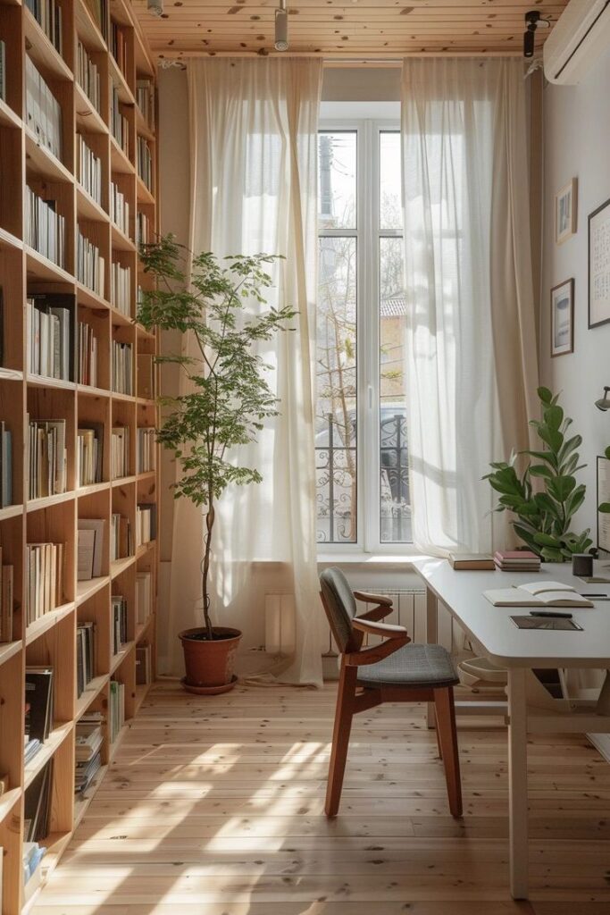 Cozy home office with wooden bookshelves, a desk by a window, and greenery for a serene work environment.