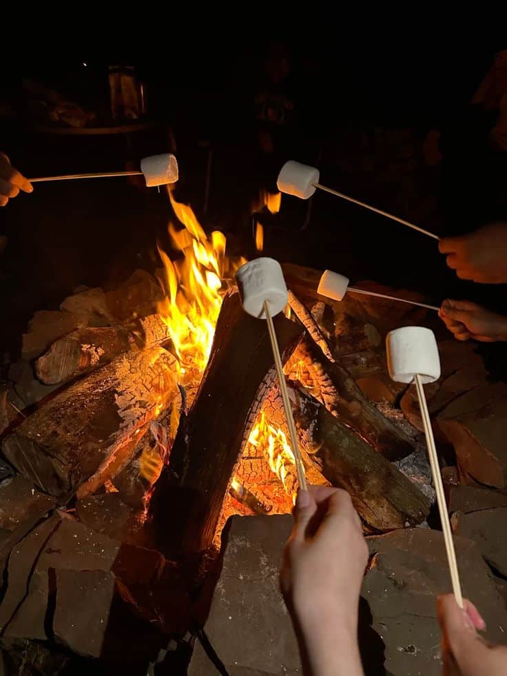 Roasting marshmallows over a cozy campfire at night, surrounded by flickering flames and crackling logs.