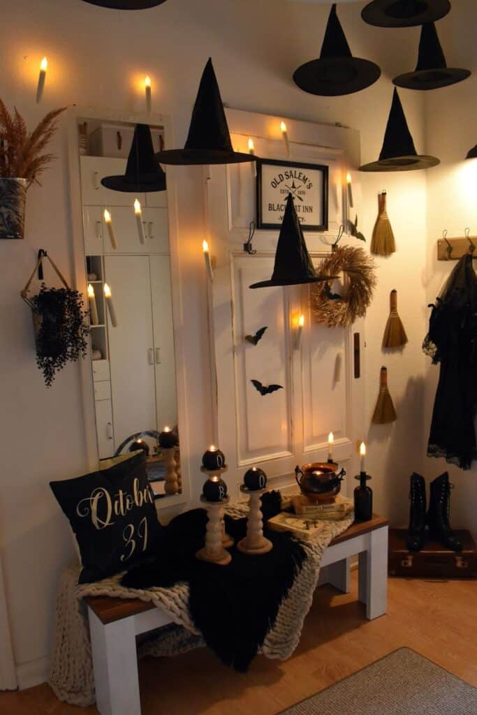 bacf67d412a75ba87ee35444e8d8e32e Cozy Halloween decor with witch hats, candles, brooms, and bats, creating a magical and spooky ambiance. | Sky Rye Design Cozy Halloween decor with witch hats, candles, brooms, and bats, creating a magical and spooky ambiance.