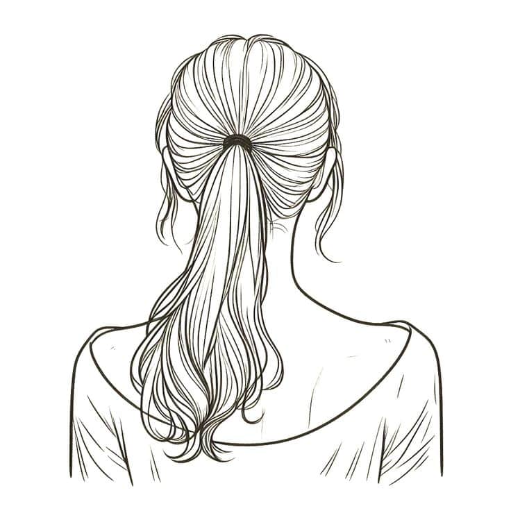 Illustration of a woman with a wavy ponytail hairstyle viewed from behind, wearing an off-shoulder top.
