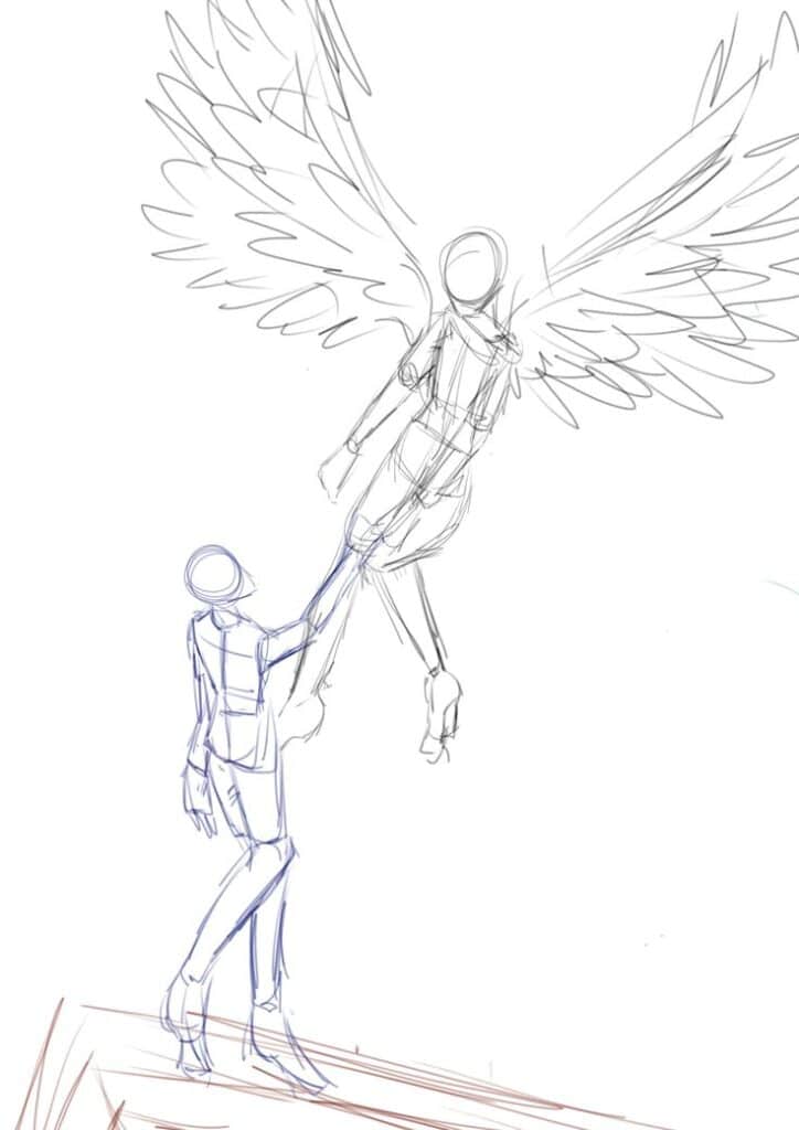 Sketch of a figure with wings taking flight, holding hands with another figure on the ground.