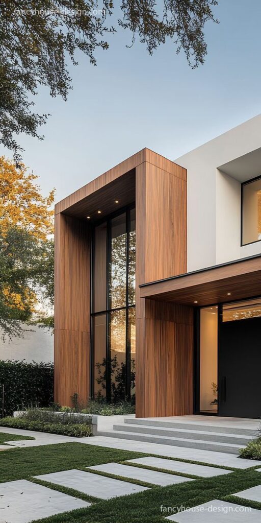 Modern house exterior with wood accents, large glass windows, and lush landscaping at sunset.