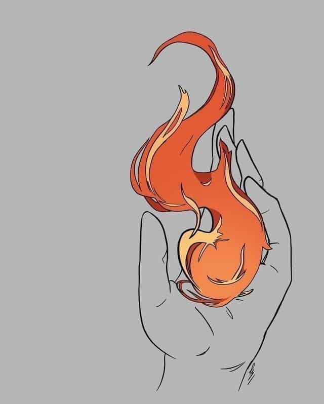 Illustration of a hand holding a stylized orange flame against a gray background.