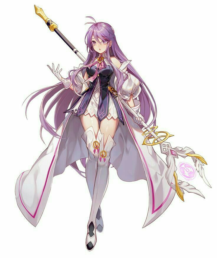 Anime character with long purple hair, holding a magical staff, wearing elaborate white and purple attire.