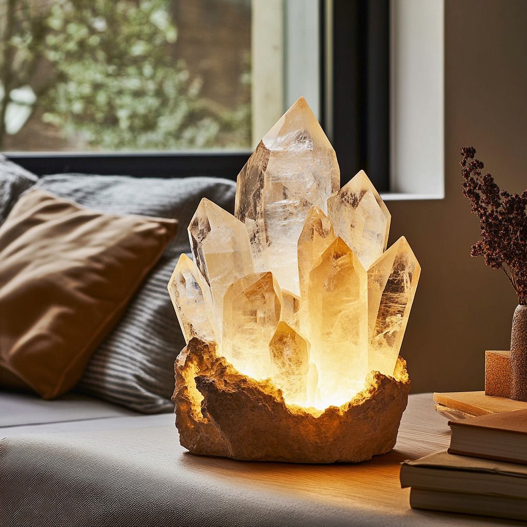 Glowing crystal lamp on a cozy table setting, enhancing room ambiance with warm light and natural aesthetics.