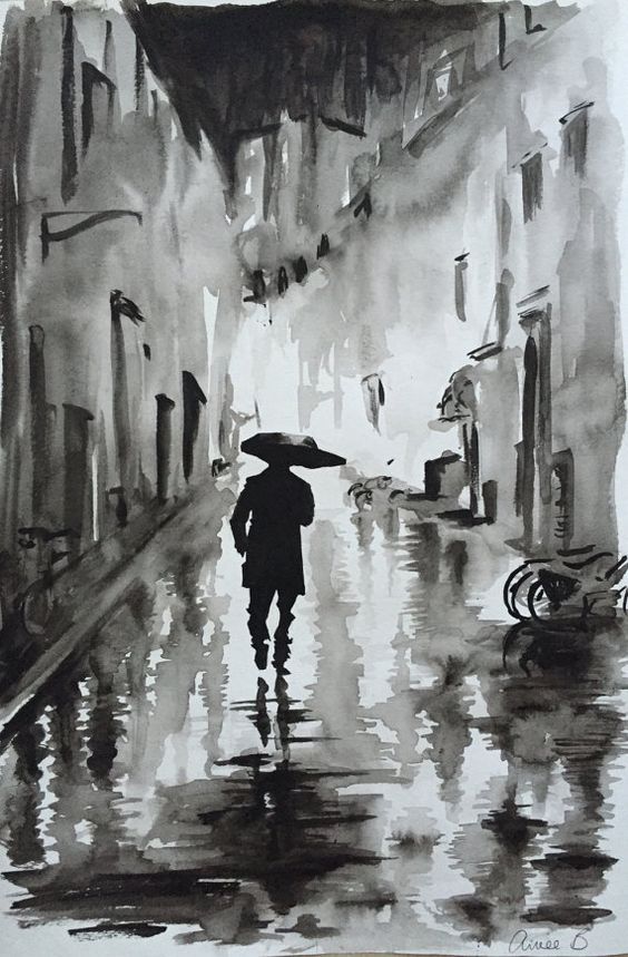 | Sky Rye Design Silhouette of a person with an umbrella walking through a rainy city street, reflected on wet pavement. Black and white painting.