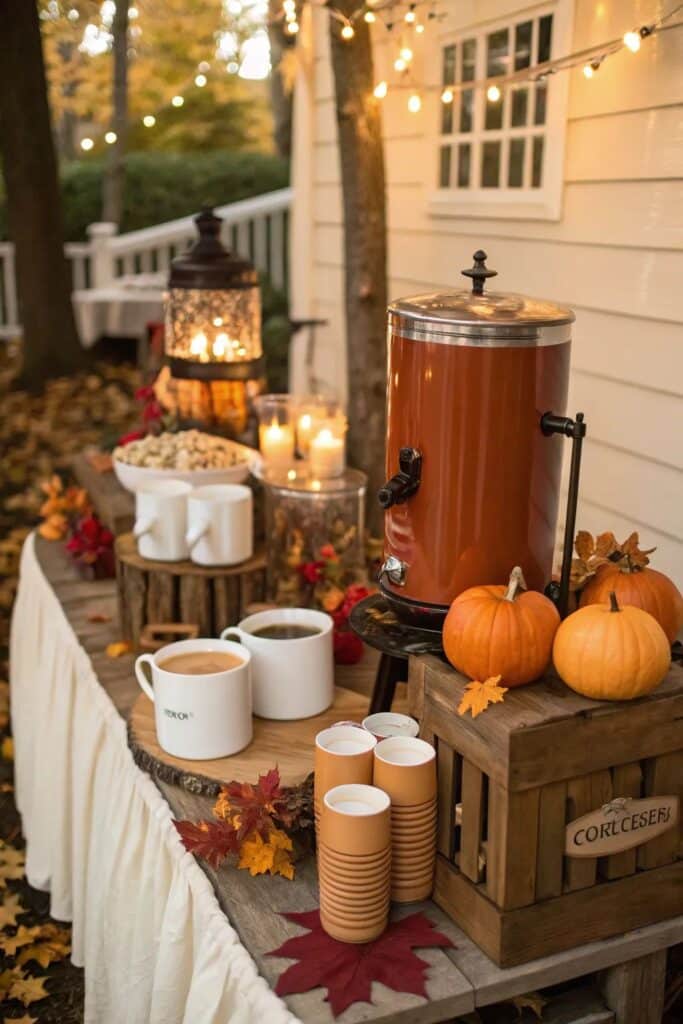 Autumn-themed hot drink station with pumpkins, mugs, and candles outdoors. Cozy fall decoration with foliage.