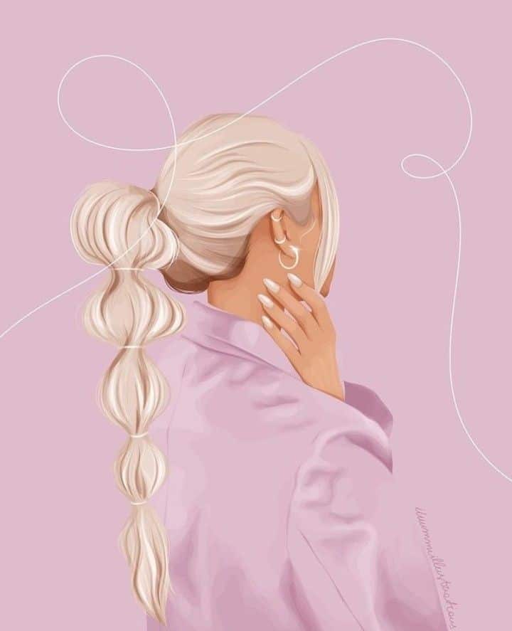 Illustration of a woman with long, blonde braided hair and pink sweater, set against a pastel pink background.