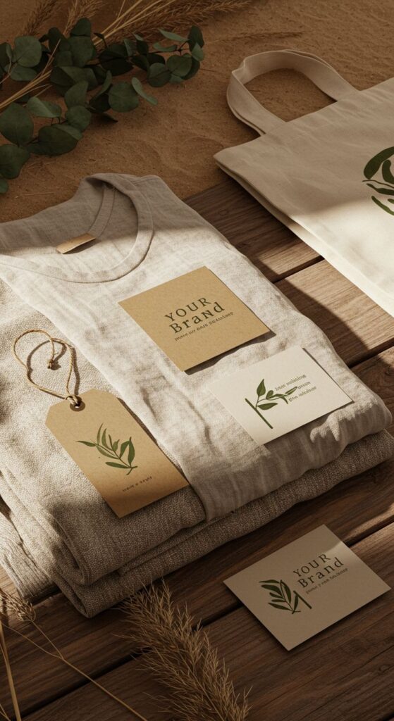 Eco-friendly clothing and accessories with branding tags, displayed on rustic wooden surface with leaves.