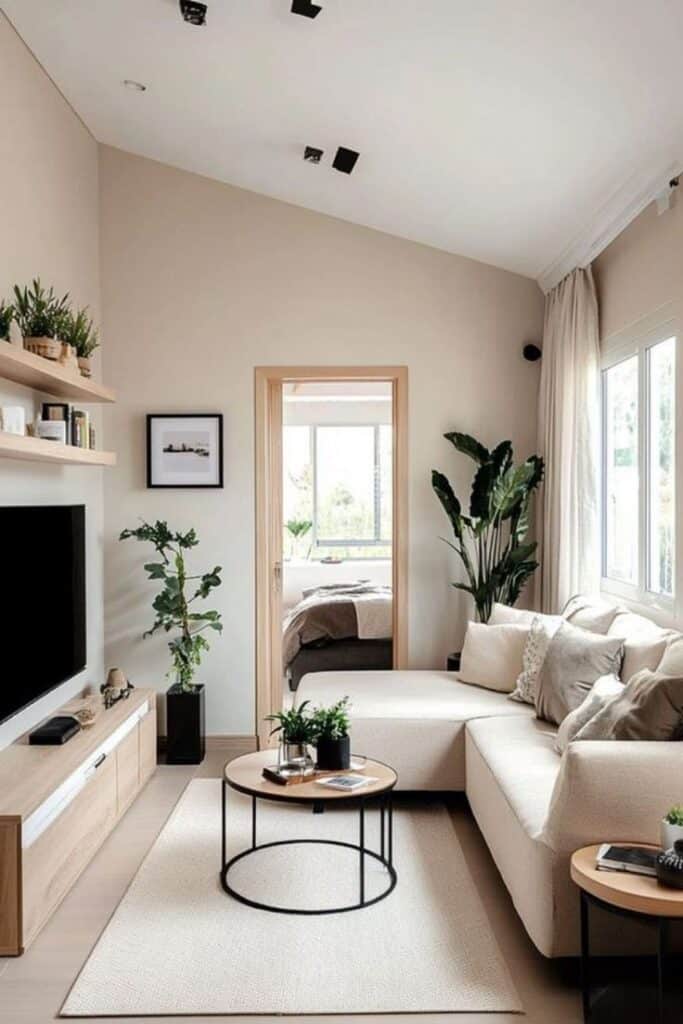 bca97aceb961ff04fbf7ecc9575568e5 Modern minimalist living room with beige sofa, indoor plants, and natural light. Cozy and stylish interior design. | Sky Rye Design Modern minimalist living room with beige sofa, indoor plants, and natural light. Cozy and stylish interior design.