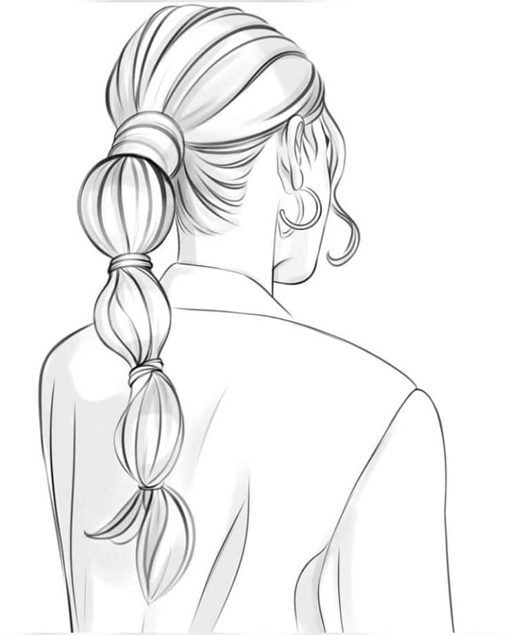 Elegant sketch of a woman with a long, knotted ponytail viewed from behind, showcasing intricate hair design.