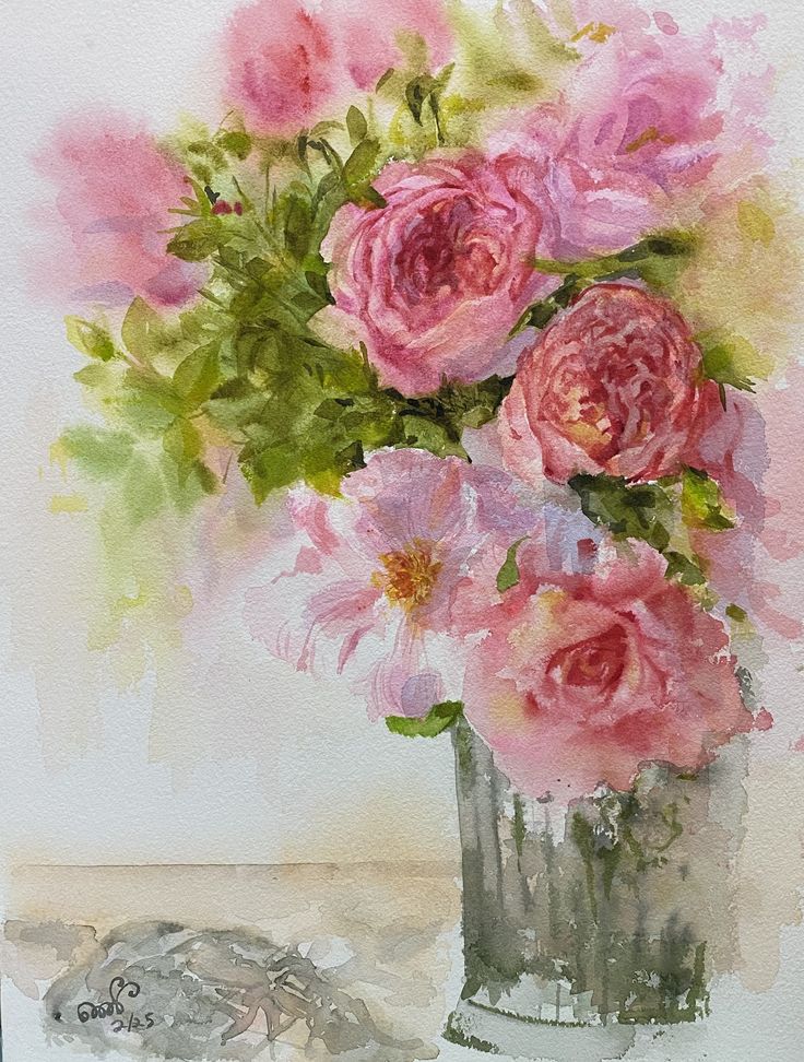 Watercolor painting of pink roses in a vase with green leaves, showcasing delicate floral art.
