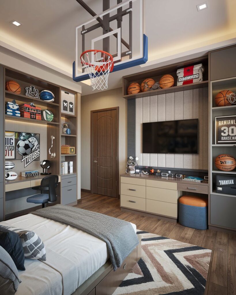 bf6e520f631988c002ce313912c61cb4 Modern sports-themed bedroom with basketball hoop, cozy bed, shelves, and TV, ideal for teen athletes. | Sky Rye Design Modern sports-themed bedroom with basketball hoop, cozy bed, shelves, and TV, ideal for teen athletes.