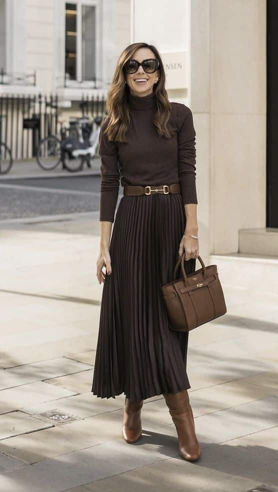 bfdaabdf-a921-4dd8-b3e4-22ff43fa7a9b Stylish woman in brown turtleneck and pleated skirt with matching bag, walking on city street. | Sky Rye Design Stylish woman in brown turtleneck and pleated skirt with matching bag, walking on city street.